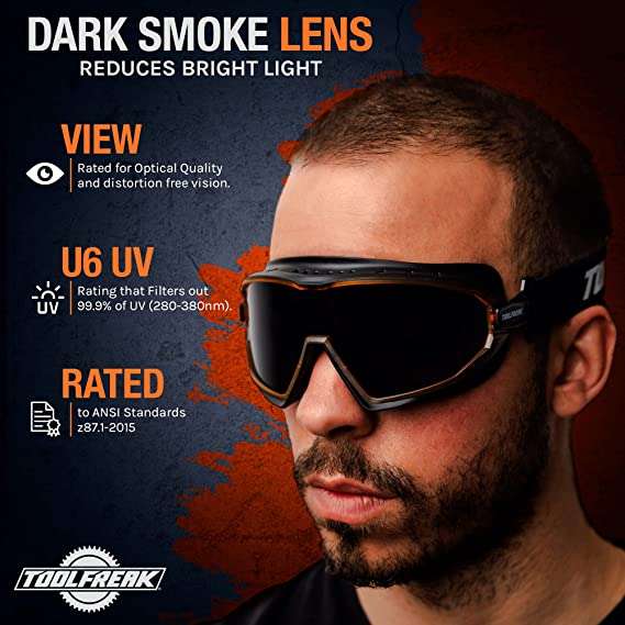 ToolFreak Reevo Safety Glasses, Wraparound Dark Smoke Tinted Polycarbonate  Lens, UV and Impact Rating, Eye Protection, Rating to ANSI Z87+, Hard Case